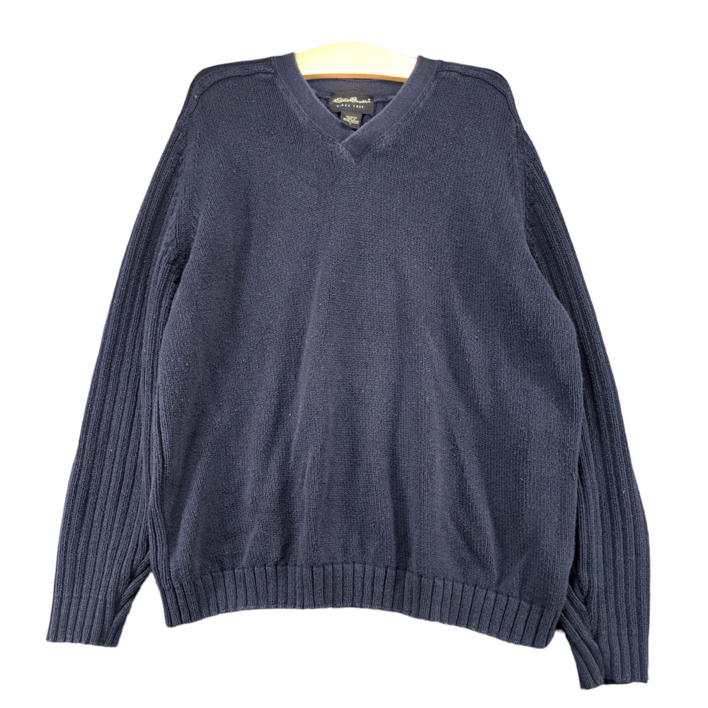 Eddie Bauer Men's Pullover Sweater Blue Large V-Neck 100% Cotton Vintage Made UK